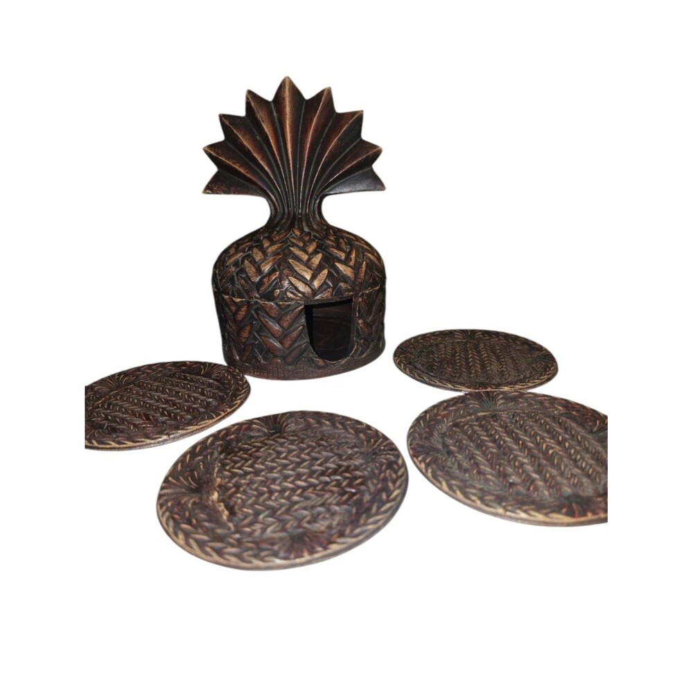Vintage SPI MCM Wood Look Pineapple Shaped Coasters Holder Resin